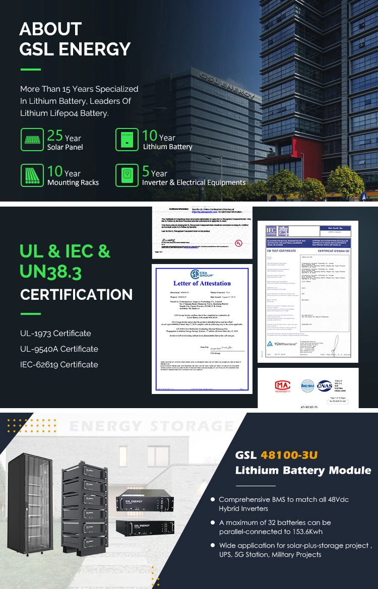 Gsl Energy Pylontech Telecom Base Station Rechargeable Catl Cell Solar LiFePO4 Battery Pack 3u 5kwh 100ah 48V Lithium Ion Battery