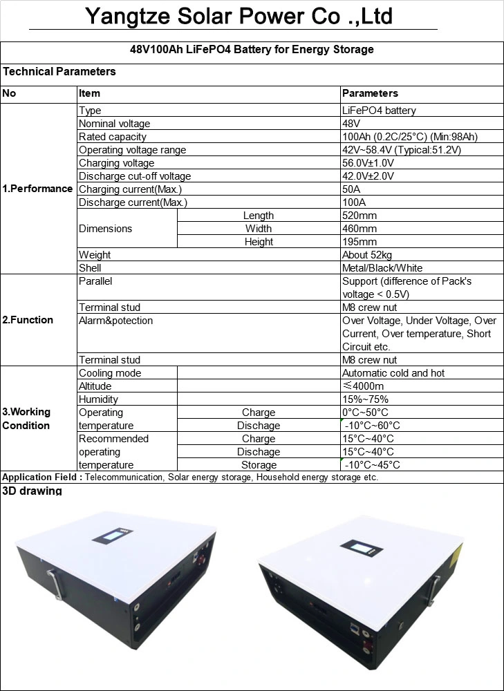 Wall-Mounted 8000 Cycles Life 5kwh 48V 100ah Energy Storage LiFePO4 Lithium Battery Pack with Smart BMS RS485 for Solar System UPS Telecom